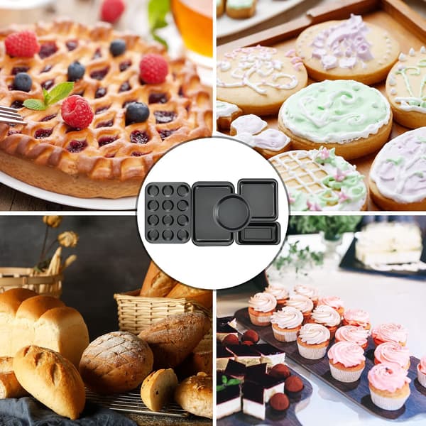 5-delt sæt non-stick bageforme - runde/firkantede kageforme, muffinforme, brødforme, bageplader og bagefade