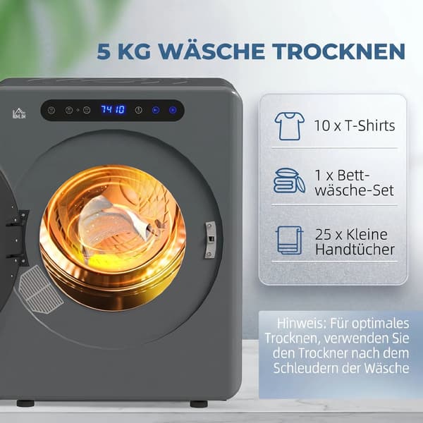 Torktumlare, 6 program, 40-60℃, 4 kg kapacitet, kompakt, touch-kontroll, grå