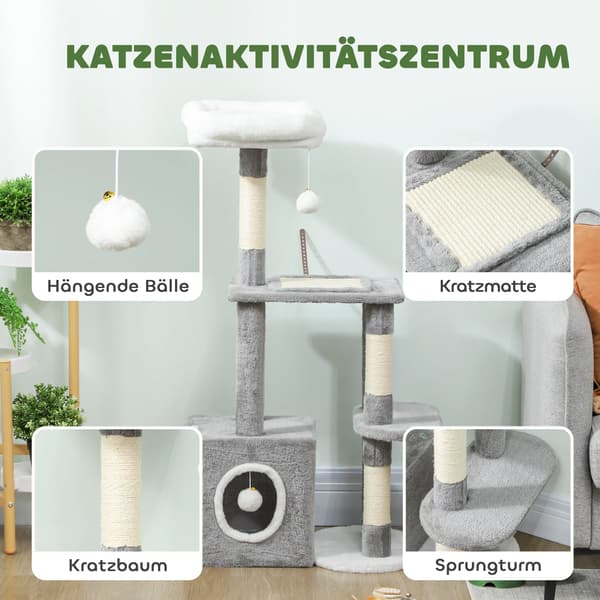 Kradsetårn til katte, 107 cm, med hule, 2 bolde, sisal, grå polyester