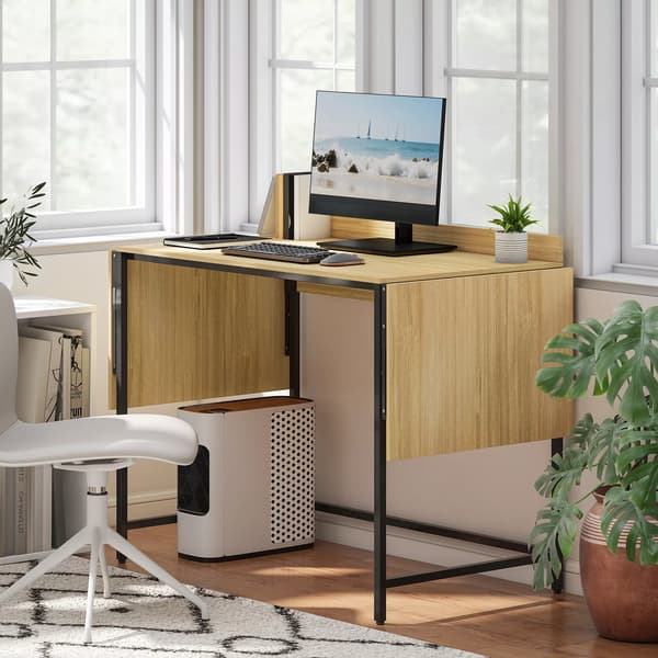 Foldbart Computerskrivebord med 2 Udtræksplader og Metalben – Eg/Sort