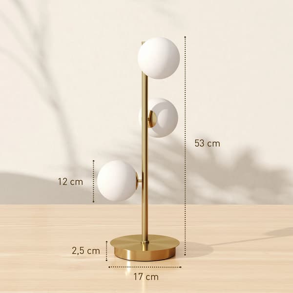 Bordlampe Messing, 3 Kugleformede Skærme, Stålbase, 53cm