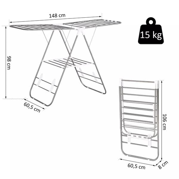 Tørrestativ Foldbart Bambus/PP Sølv+Hvid 146x60,5x98cm