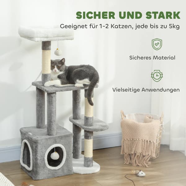 Kradsetårn til katte, 107 cm, med hule, 2 bolde, sisal, grå polyester
