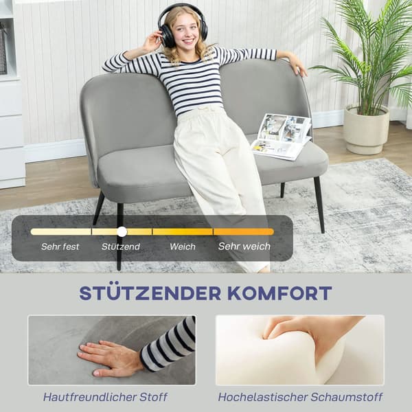2-sits soffa, grå sammet med metallram, modern design för små utrymmen