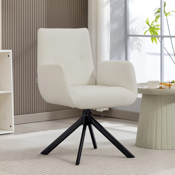 Stoppad fåtölj i cremvit polyester, modern design, vridbar 360°, max 120 kg