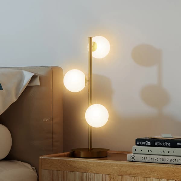Bordlampe Messing, 3 Kugleformede Skærme, Stålbase, 53cm