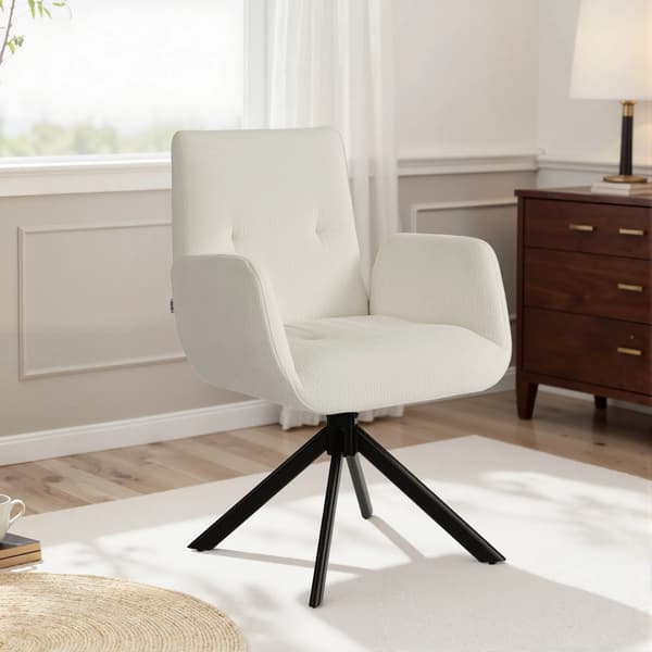 Stoppad fåtölj i cremvit polyester, modern design, vridbar 360°, max 120 kg