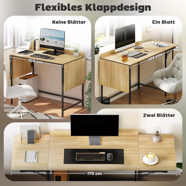 Foldbart Computerskrivebord med 2 Udtræksplader og Metalben – Eg/Sort