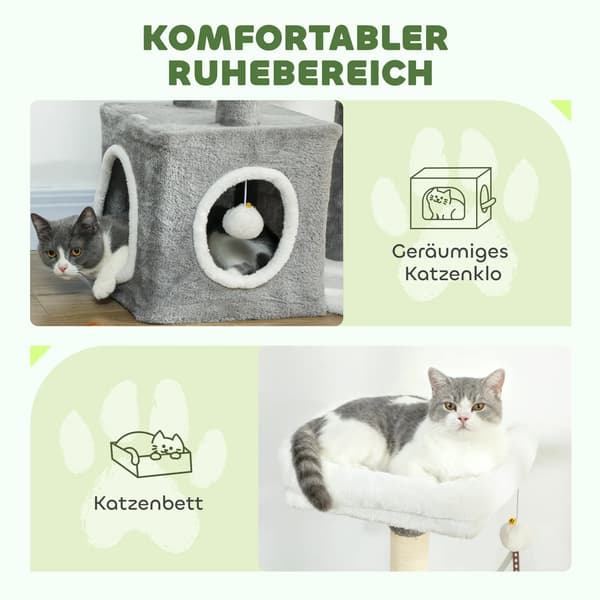Kradsetårn til katte, 107 cm, med hule, 2 bolde, sisal, grå polyester