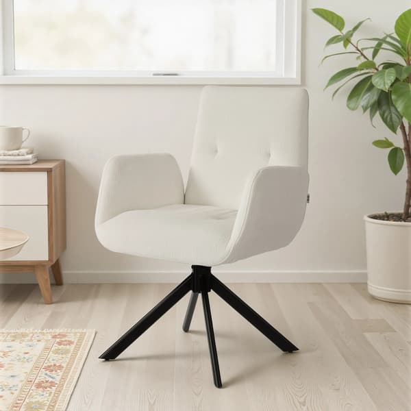 Stoppad fåtölj i cremvit polyester, modern design, vridbar 360°, max 120 kg