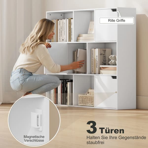 reol med 9 rum, 3 døre, hvid, spånplade