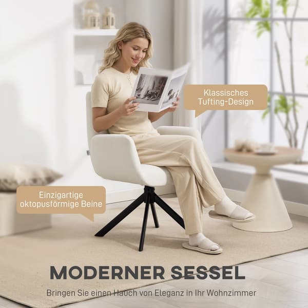 Stoppad fåtölj i cremvit polyester, modern design, vridbar 360°, max 120 kg
