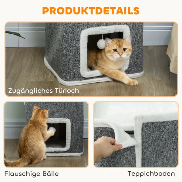 4-trins gråt kattetræ med 3 huler og leg bolde - polyester
