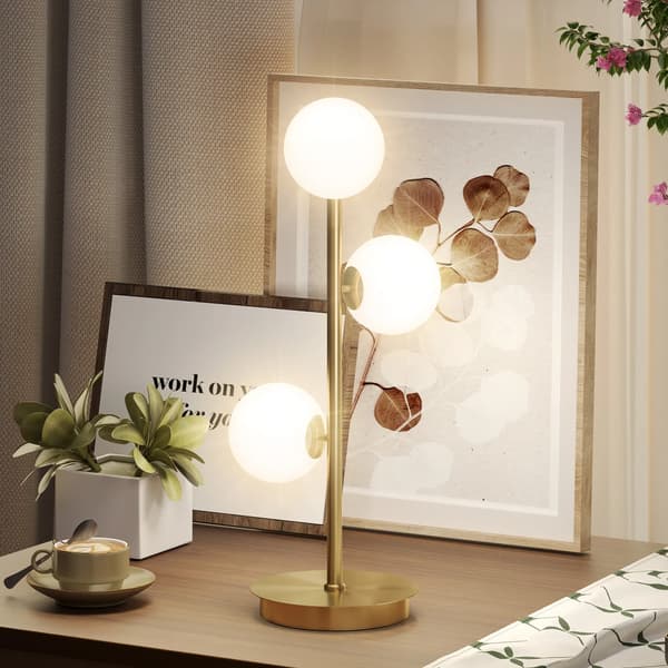 Bordlampe Messing, 3 Kugleformede Skærme, Stålbase, 53cm