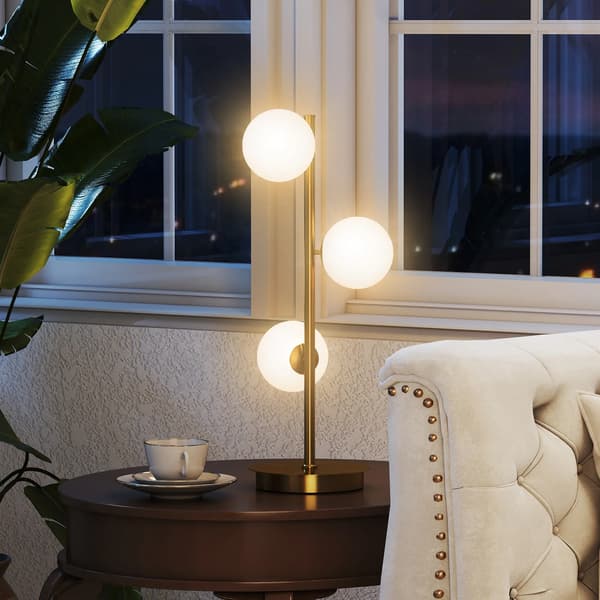 Bordlampe Messing, 3 Kugleformede Skærme, Stålbase, 53cm