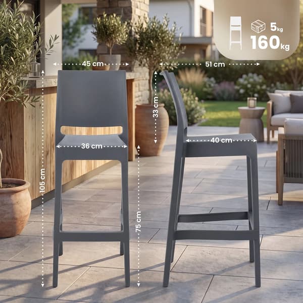 4 dark grey Maya bar stools, stackable, UV-resistant, indoor/outdoor plastic