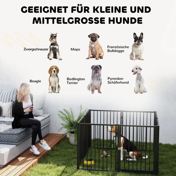 Løbegård til hunde, 8 paneler, stål, sort, 76 cm højde
