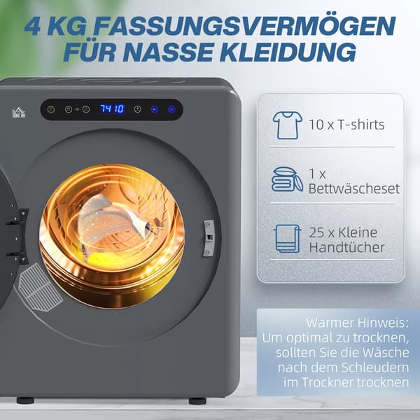 HOMCOM Torktumlare, 6 program, 40-60℃, 4 kg kapacitet, kompakt, touch-kontroll, grå