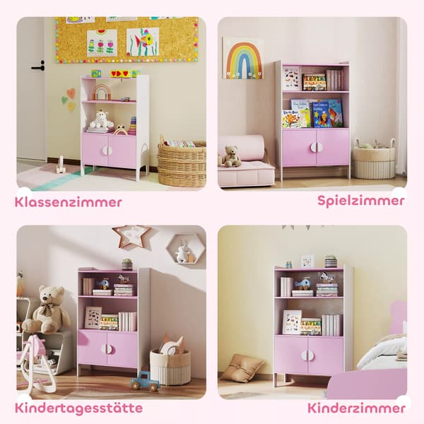 Barnbokhylla med 2 Hyllplan och 2 Skp, MDF, Rosa+Vit