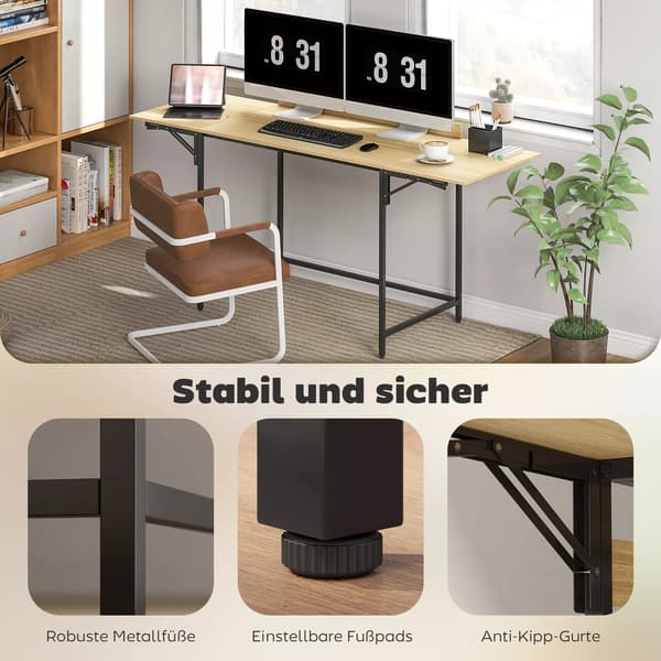 Foldbart Computerskrivebord med 2 Udtræksplader og Metalben – Eg/Sort