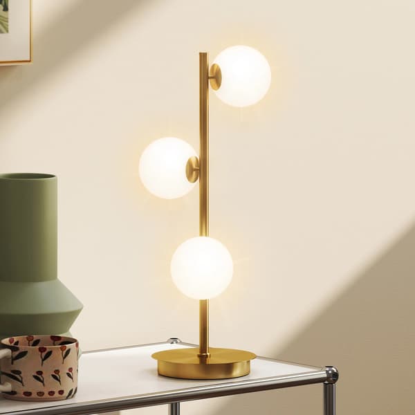 Bordlampe Messing, 3 Kugleformede Skærme, Stålbase, 53cm