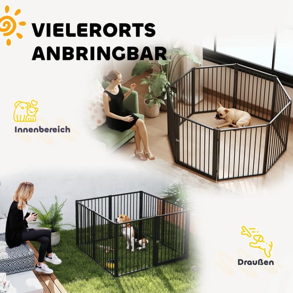 Løbegård til hunde, 8 paneler, stål, sort, 76 cm højde