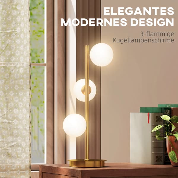 Bordlampe Messing, 3 Kugleformede Skærme, Stålbase, 53cm