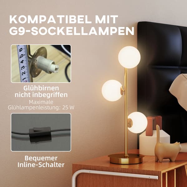 Bordlampe Messing, 3 Kugleformede Skærme, Stålbase, 53cm