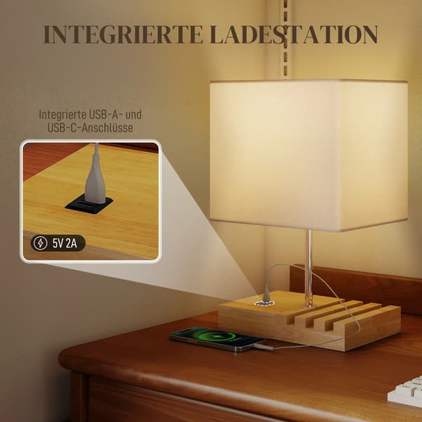 Natbordlampe i træ med USB i hvid