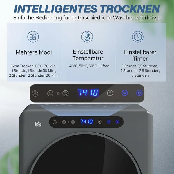 Torktumlare, 6 program, 40-60℃, 4 kg kapacitet, kompakt, touch-kontroll, grå