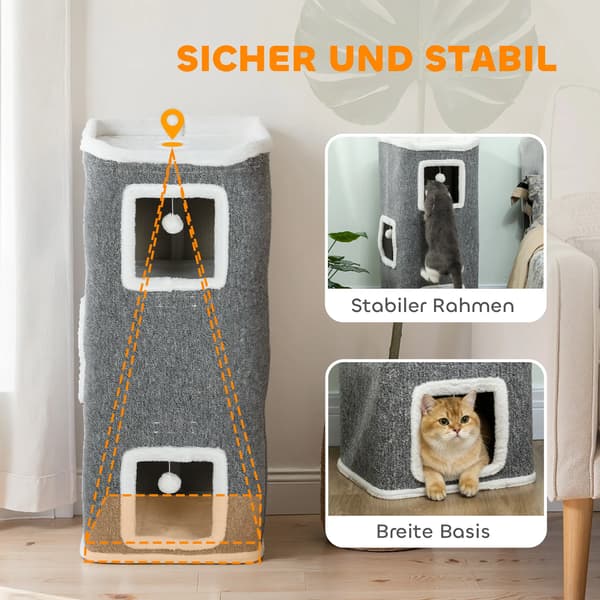 4-trins gråt kattetræ med 3 huler og leg bolde - polyester