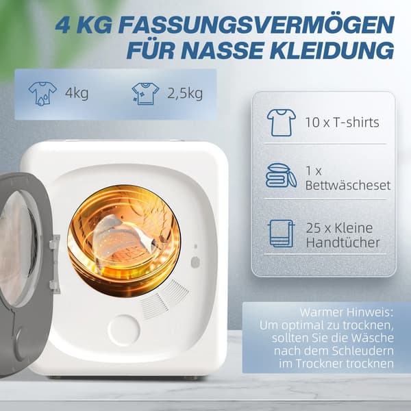 Kompakt torktumlare 4 kg, 5 program, timerfunktion, vit+svart