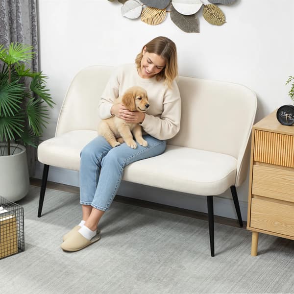 2-sitssoffa i beige sammetstyg med metallstomme, modern design