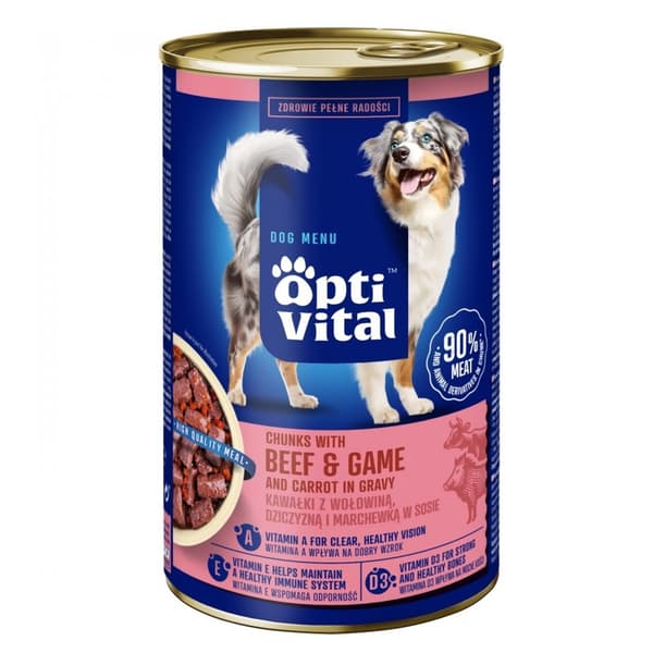 OPTIVITAL Stykker med oksekød, vildt og gulerødder i sovs - vådfoder til hunde - 1250 g