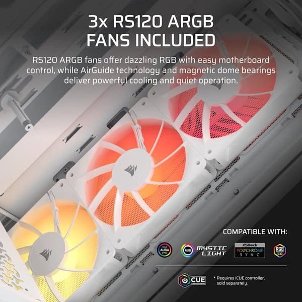 PC-chassi - CORSAIR - 3200D RS ARGB - Midi Tower - 3 RS120 ARGB-fläktar - Vit