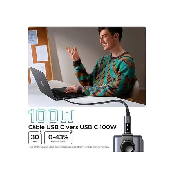 USB-C til USB-C datakabel - UGREEN - PD 100W - Nylon - 1 m - Sort