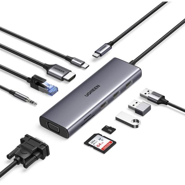 9-i-1 USB-C hub - UGREEN - HDMI, VGA, RJ45, SD, TF, USB-C - Sort