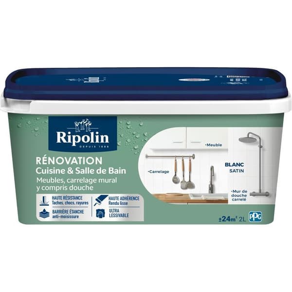 Färg för köks- och badrumsrenovering - Vit - Satin - Ripolin - 2L