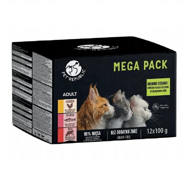 PETREPUBLIC Mega Pack Kylling, laks, kalv - vådfoder til katte - 12x100g
