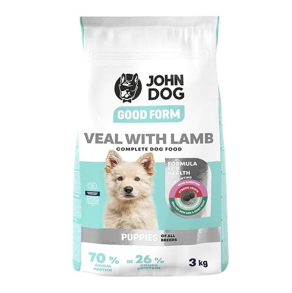 JOHN DOG Junior Good Form Kalvekød med lam - tørfoder til hunde - 3 kg