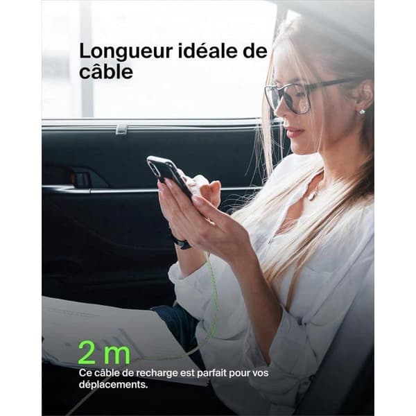 Flettet kabel - BELKIN - USB-C til USB-A - 2 m - Hvid