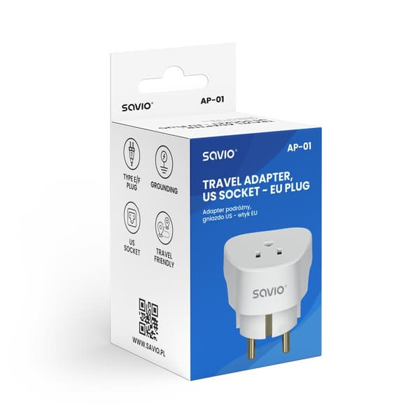 SAVIO AP-01 Rejseadapter, US-stik – EU-stik