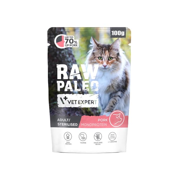 VETEXPERT Rå Paleo Vuxen Steriliserad Fläsk - våtfoder för katter - 100 g