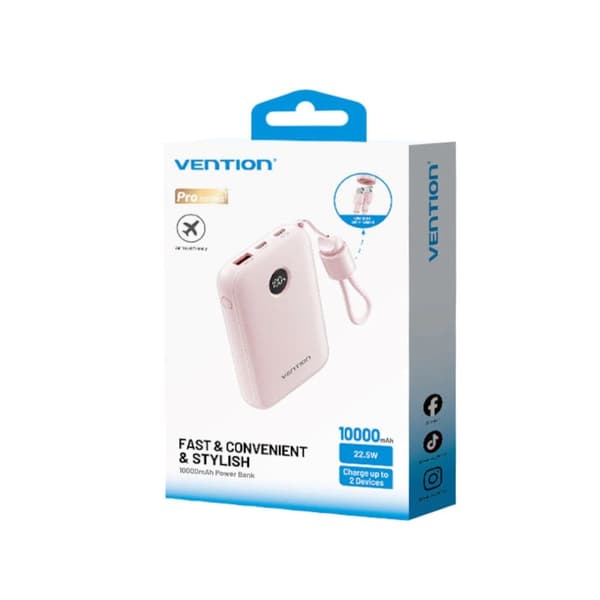 Vention 10000mAh Powerbank 2xUSB-C 1xUSB-A 22.5W, rosa