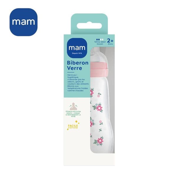 MAM glasflaske - 260 ml - 0 til 6 måneder - Teat Flow 2 - Pink