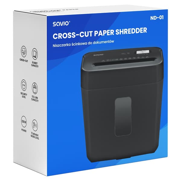 Savio ND-01 paperisilppuri Ristisilppuri 72 dB Musta