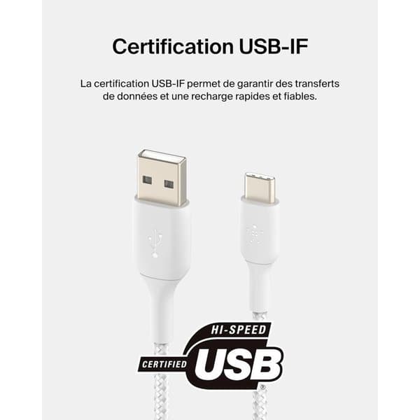 Flettet kabel - BELKIN - USB-C til USB-A - 2 m - Hvid