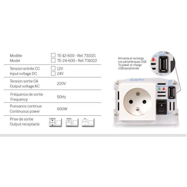 Spændingsomformer - THOMSON - 12/220 V - 600 W - Med USB-forbindelse