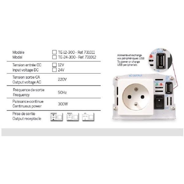 Spændingsomformer - THOMSON - 12/220 V - 300 W - Med USB-forbindelse