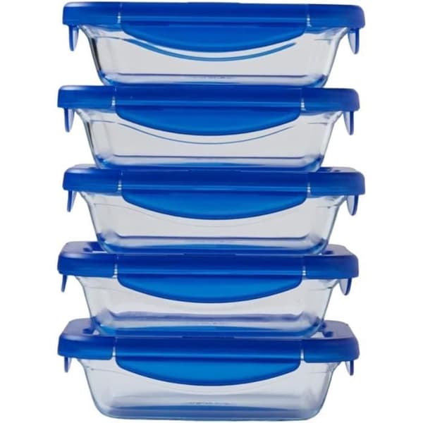 Set med 5 matlådor - PYREX - Cook & Go - Glas - Rektangulär - Lufttätt lock - 0,8 L